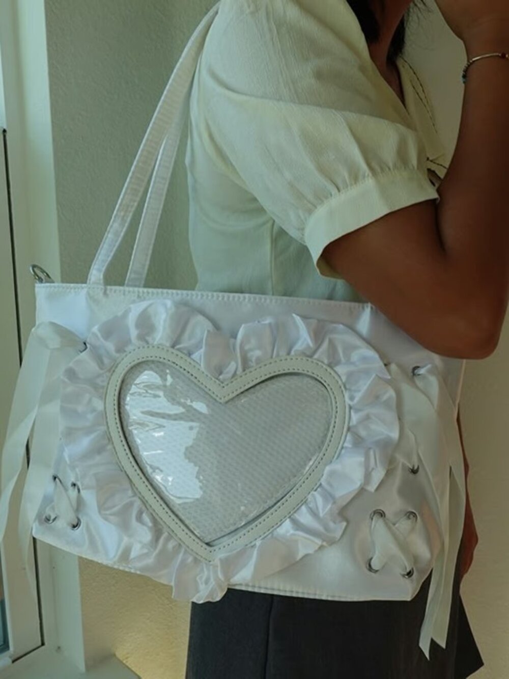 Ivory Ita Bag Crossbody Y2K Heart Ruffle Bow Kawaii Pin Display Shoulder Itabag